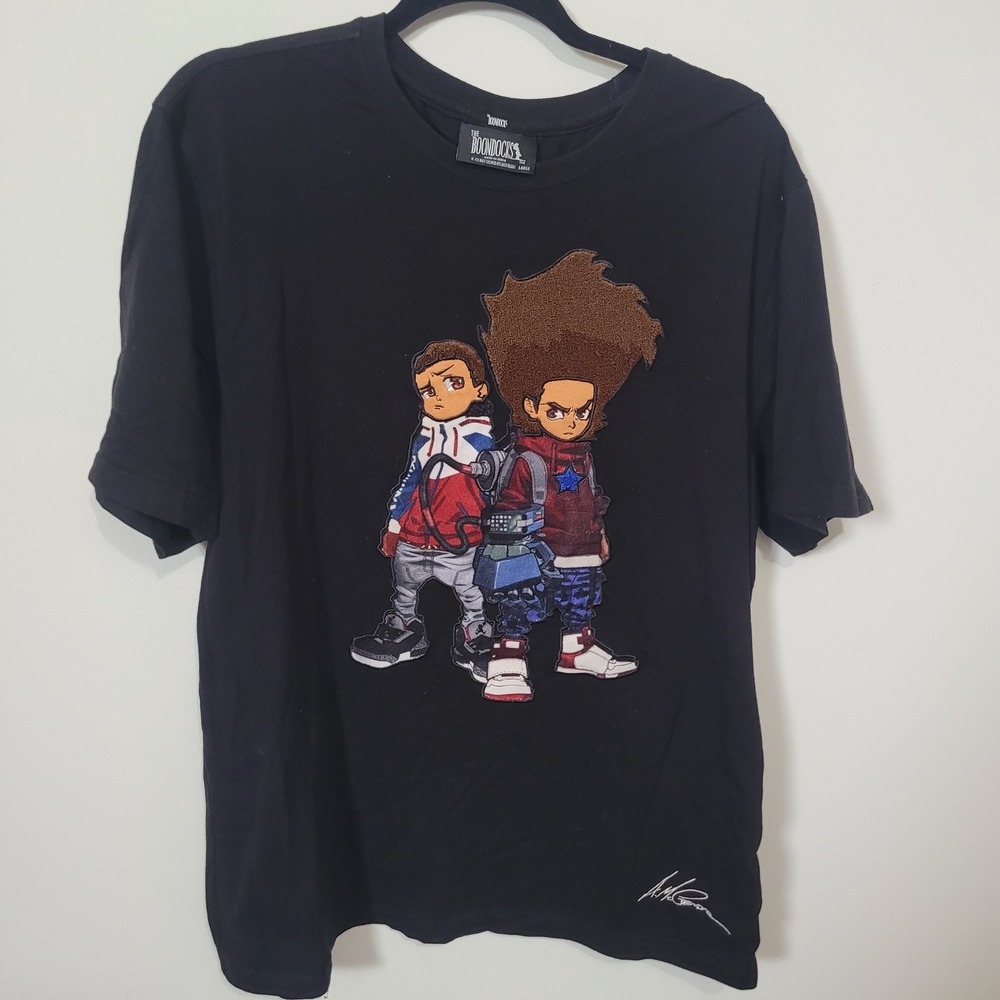 The Boondocks Size Large T-Shirt Mens Black Huey Riley Chenille Patch Tee